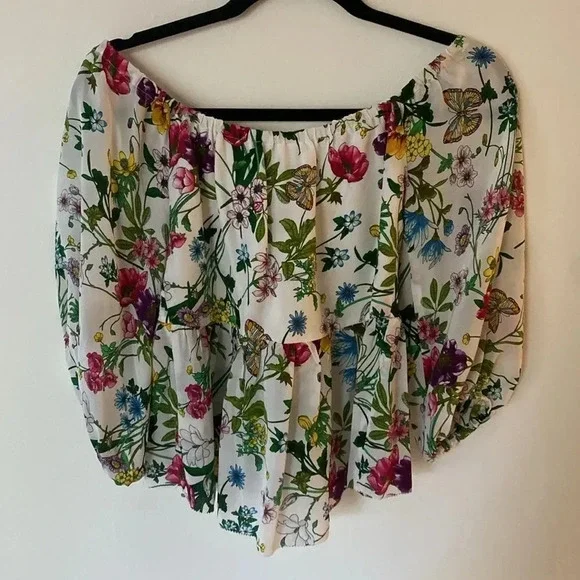 L'agence Elena Off-The-Shoulder 100% Silk Blouse White Multi Botanical Floral XS - Picture 13 of 13